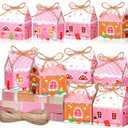 Reallnaive 48 Pcs Mini Pink Christmas Cookie Boxes Gingerbread House Gift Box with String Kraft Paper Christmas Treat Boxes Mini Goodie Containers for Xmas Party Packaging Favor Supplies 4 Designs