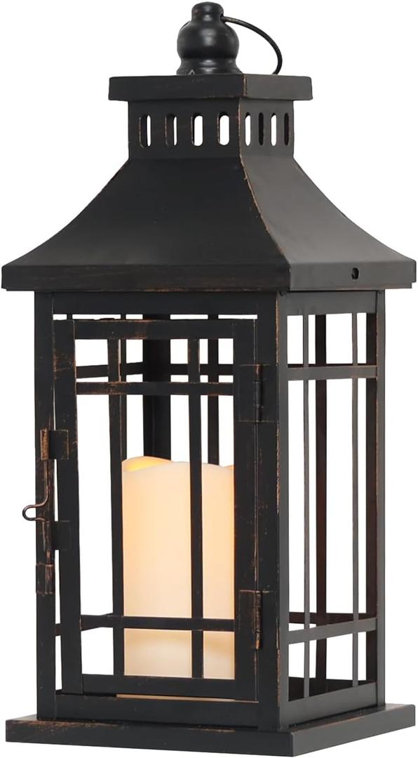 DECORKEY LED Candle Lantern Decorative Indoor & Outdoor, 14.5" Vintage Hanging Lanterns with LED Candles, Large Outdoor Lanterns for Patio Front Porch Home Christmas, Spring Decorations