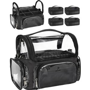 Makeup Brush Bag With 4 Mini Pouches, Makeup Brush Holder, Professional Makeup Artist Travel Case, Clear Waterproof Cosmetic Organizer Bag, with Adjustable Strap and Dividers