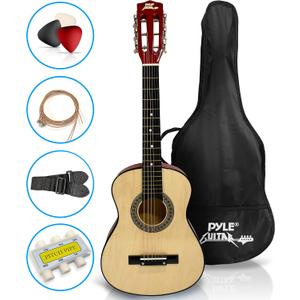 Pyle 30 Classical Acoustic 6 String Linden Traditional Style Guitar w/Wood Fretboard, Case Bag, Nylon Strap, Tuner, 3 Picks-for Beginner, Children Use, Right Handed, (PGAKT30)