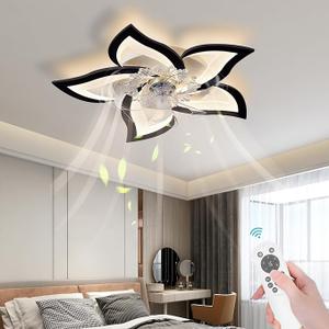 Low Profile Ceiling Fans With Lights, 27.2” Black Modern Dimmable Flower Shape Ceiling Light Fan with Remote Control/App Control, Timing 6 Gear Speeds Fan Ceiling Lamp