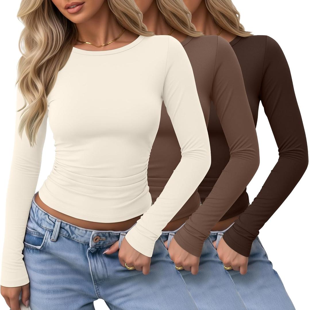 3 Pack Women's Long Sleeve Shirts Crewneck Going Out Basic Tops Tight Slim Fit Side Ruched Crop Tees Y2k Outfits (Cream, Light Coffee, Dark Coffee)