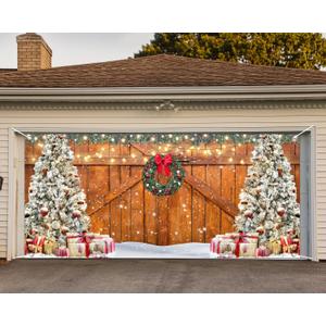 Whaline Rustic Christmas Garage Door Cover 7 x 16 Ft Wood Texture Board Door Cover Extra Large Yard Sign for Xmas Indoor Outdoor House Wall Party Decor