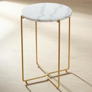 Real Marble Side Table, No Assembly Required Round End Table for Living Room, 15" Modern Small Accent Bedside Table with Gold Metal Legs, Waterproof Nightstand for Sofa, Bedroom, White