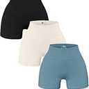OQQ Women's 3 Piece Yoga Ribbed Seamless Workout High Waist Athletic Legging Shorts, Black Beige Blue, Medium 
