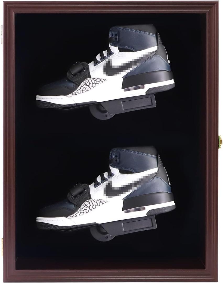 Memorabilia Shoe Display Case Wooden Frame Wall Mount Acrylic Clear Door Sneaker Cabinet Containers Storage Shelves Boxes 98% UV Protection LockableDouble Shoe-Cherry (Double Shoe-Cherry)