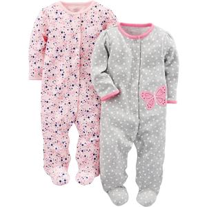 Simple Joys by Carter's Baby Girls' 2-Pack Cotton Snap Footed Sleep and Play (0-3 Months, Grey Butterfly/Pink Floral)