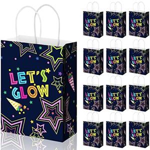 Spakon 12 Pieces Glow Party Bags Let's Glow in the Dark Goodie Bag with Handles Neon Party Gift Wrap Birthday Party Supplies Goodie Candy for Decorations