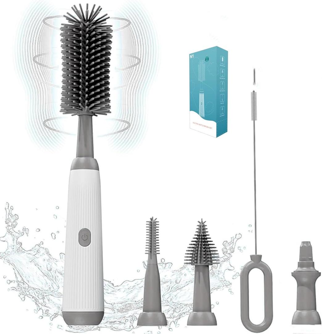 Electric Bottle Brush Set, 360Automatic Bottle Brush Cleaner with 3 Sizes Replaceable Silicone Bottle Brush and Extension Handle for Long BottlesStraw Cleaner Brush,IPX65& Rechargeable(Grey) (Gray)