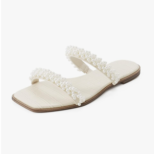 LACUONE Pearl Strap Flat Sandals For Women Slip On Square Open Toe Slides Sandals 39