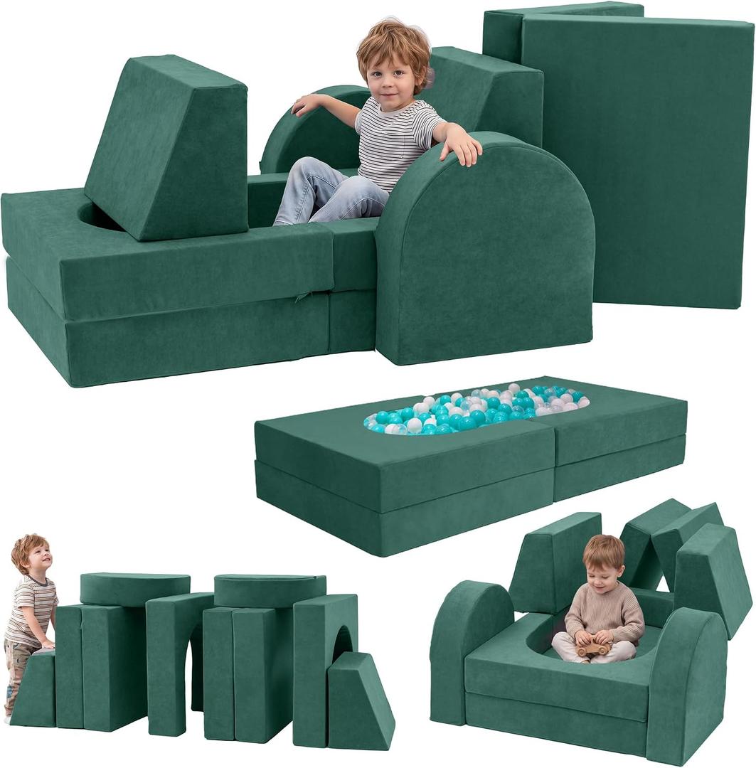 Fvkind Kids Modular Couch, 10-Piece Modular Play Sofa for Kids, Willow | Foam Play Couch Green, Removable and Washable Cover, Chenille Fabric, Great Furniture for Kids Playroom, 48.8 inches x 25.2 inches x 21.3 inches