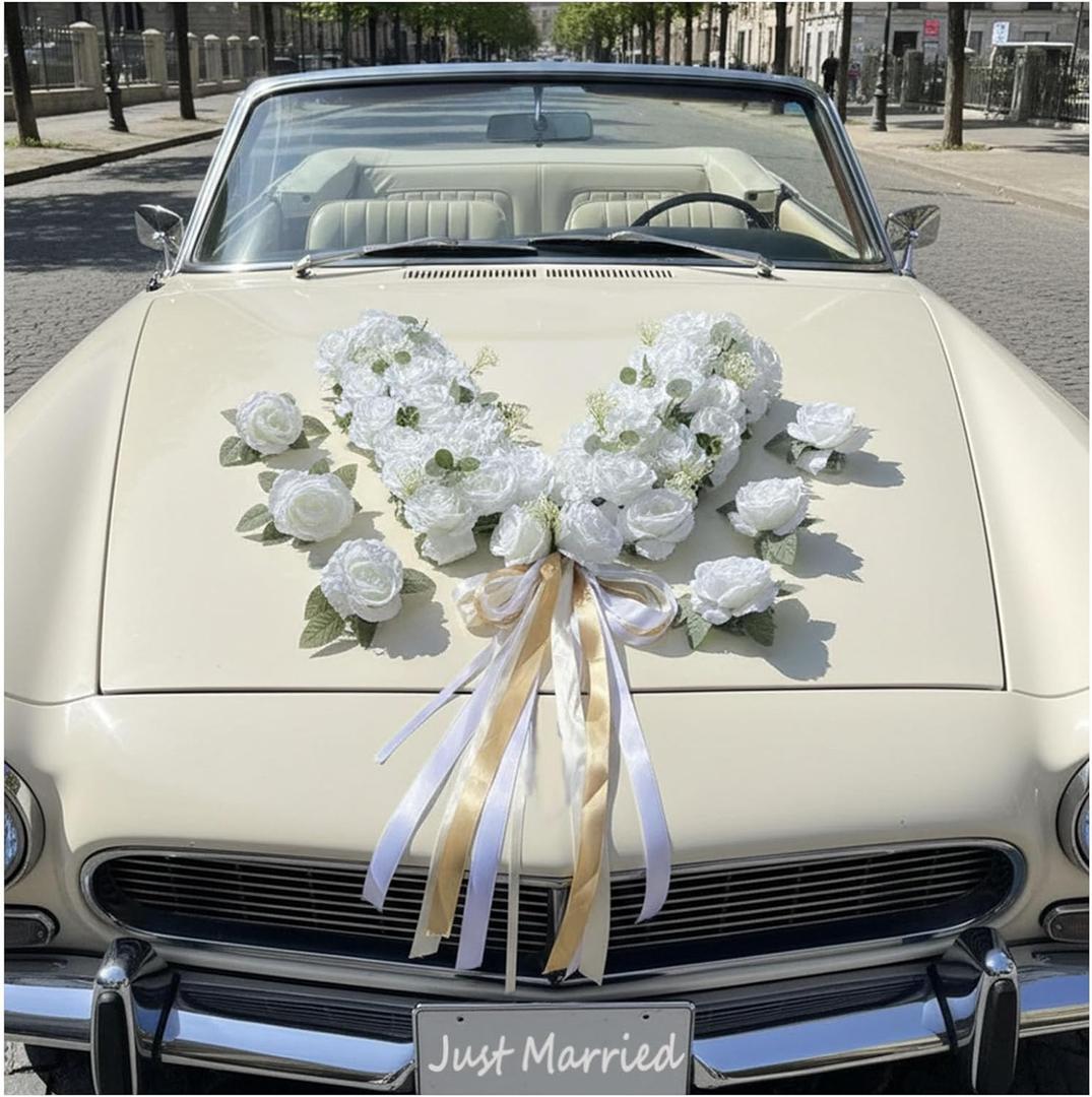 Luxury Wedding Car Hood Flower Decorations V Shape Front Floral Arrangement with Hanging Ribbon Flowers, Elegant Just Married Bridal Car Front Centerpiece Decor