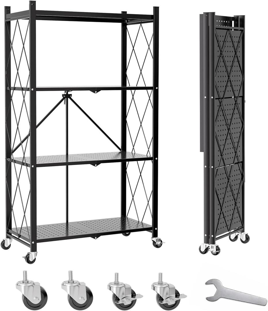 4 Tier Foldable Metal Storage Shelves on Wheels No Assembly