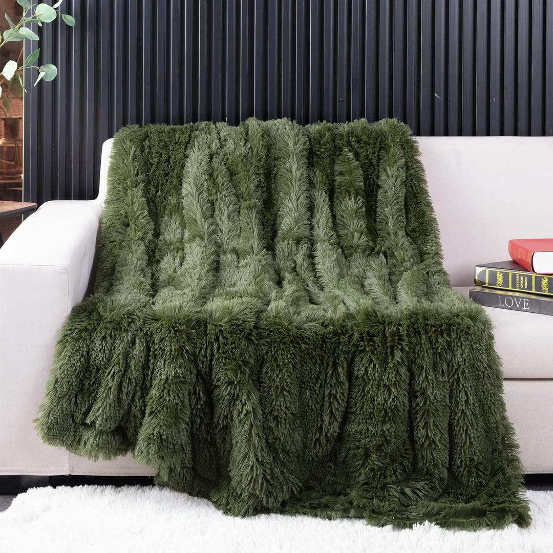 YUSOKI Long Faux Fur Throw Blanket for Sofa Couch,2 Layers,2.1lb,All Ages,Home Decoration, (Olive Green,50" x 60")