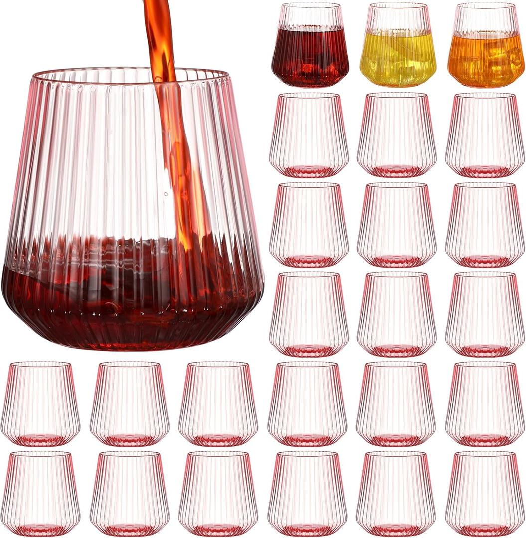 24 Pcs 12 oz Pink Origami Ripple Plastic Ribbed Wine Glasses Unbreakable Stemless Champagne Whiskey Glasses Ribbed Cocktail Glasses Disposable Plastic Wine Cups for Wedding, Home, Office, Bar