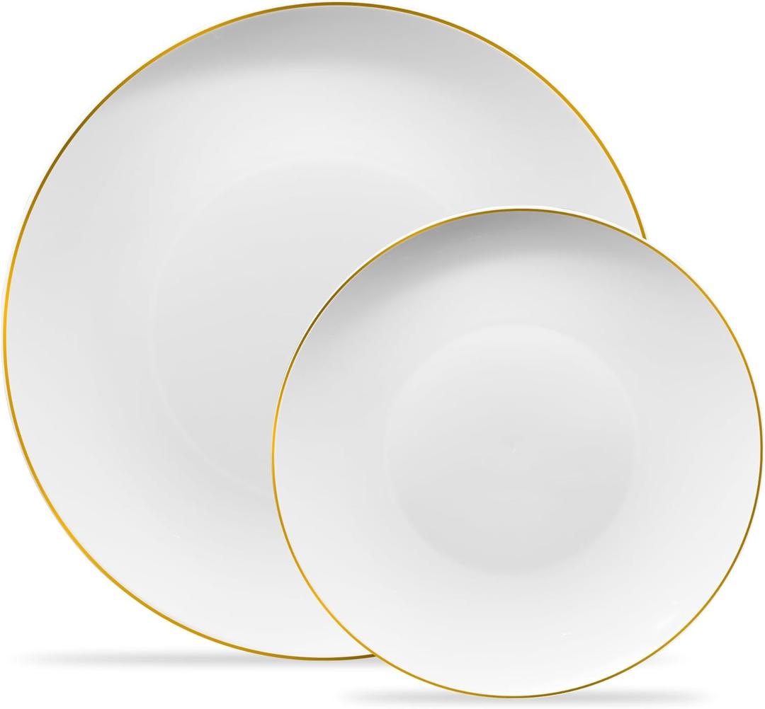 PLASTICPRO White Plastic Design Party Plates Premium heavyweight Elegant Disposable Tableware Dishes (128, White Organic with Gold Rim)