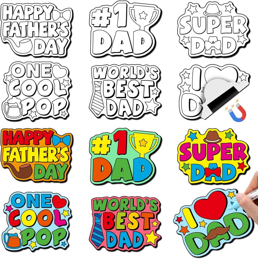 QOUBAI 36 Set Father's Day Crafts for Kids Bulk Happy Fathers Day Magnets Color Your Own Crafts Best Dad DIY Craft Gifts for Classroom School Home Activities Project Game, 4.76 x 3.58 inches