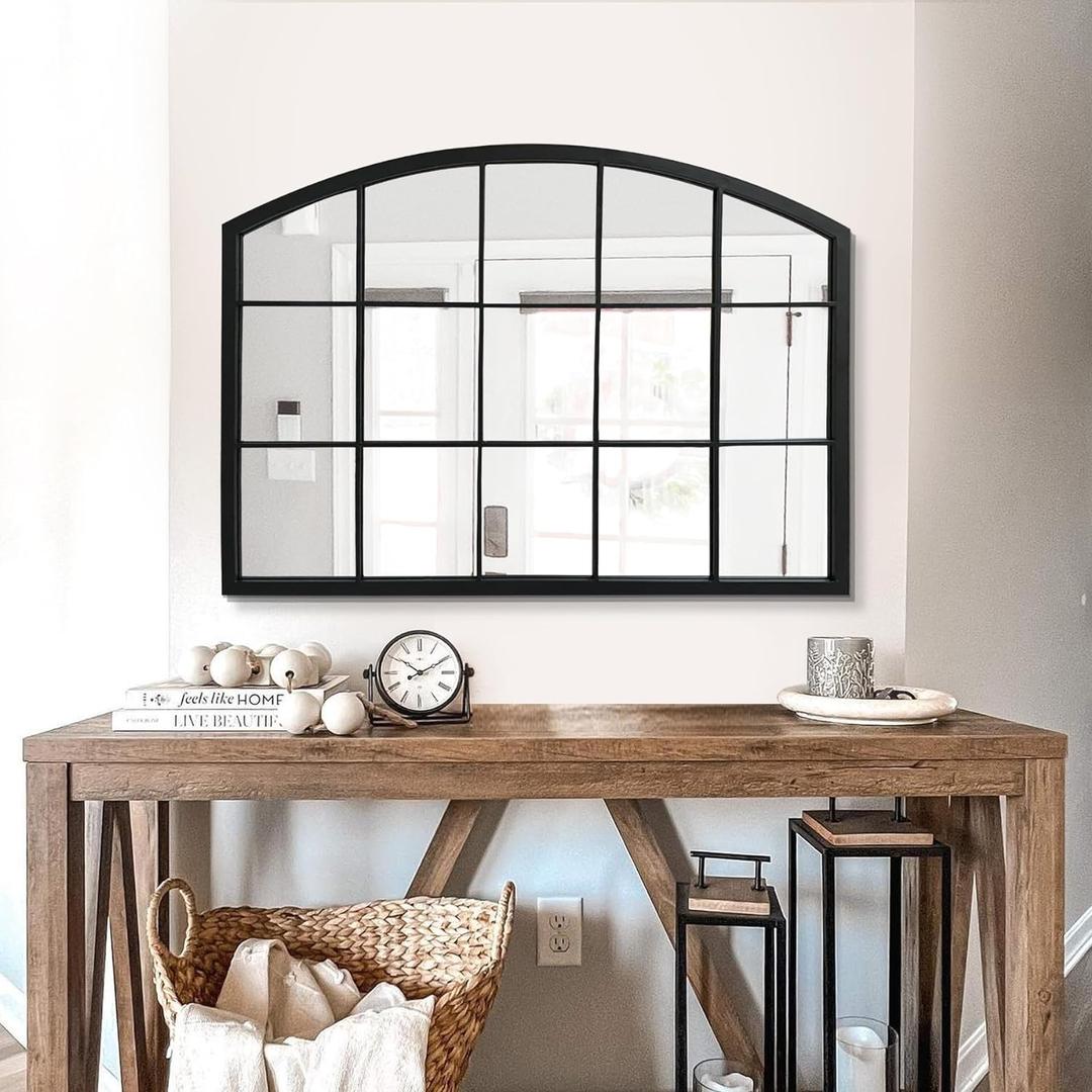 WAMIRRO Wide Window Pane Black Mirror,Farmhouse Arched Wall Mirror,Mantel Mirror for Fireplace/Entryway/Hallway/Living Room,33X24