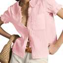 Tankaneo Womens Puff Sleeve Shirts Peter Pan Collar Button Down Cotton Blouse Casual Summer Textured Tops (Medium, Light Pink)