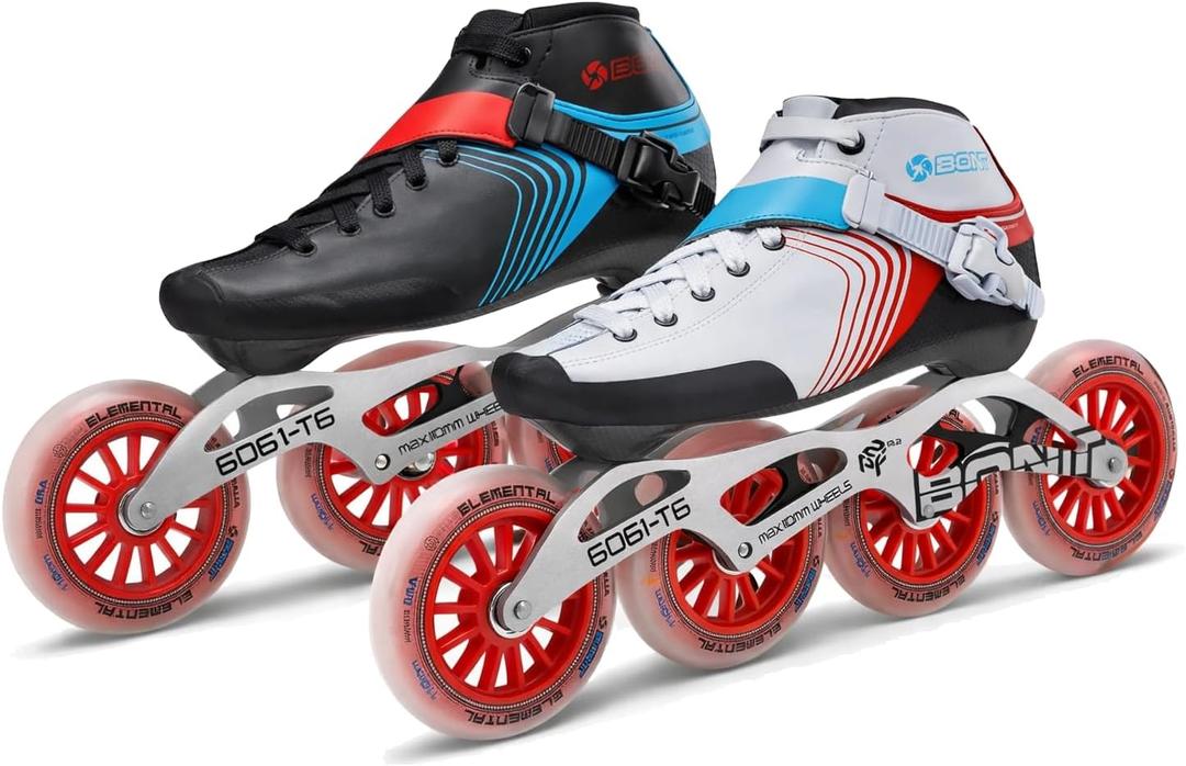 Bont GT4 Inline Speed Skates, Carbon Composite Racing Boots, 6061 T6 Aluminum Frame, Elemental 85A Wheels, ABEC5 Bearings (White/Red, 9 (110mm))