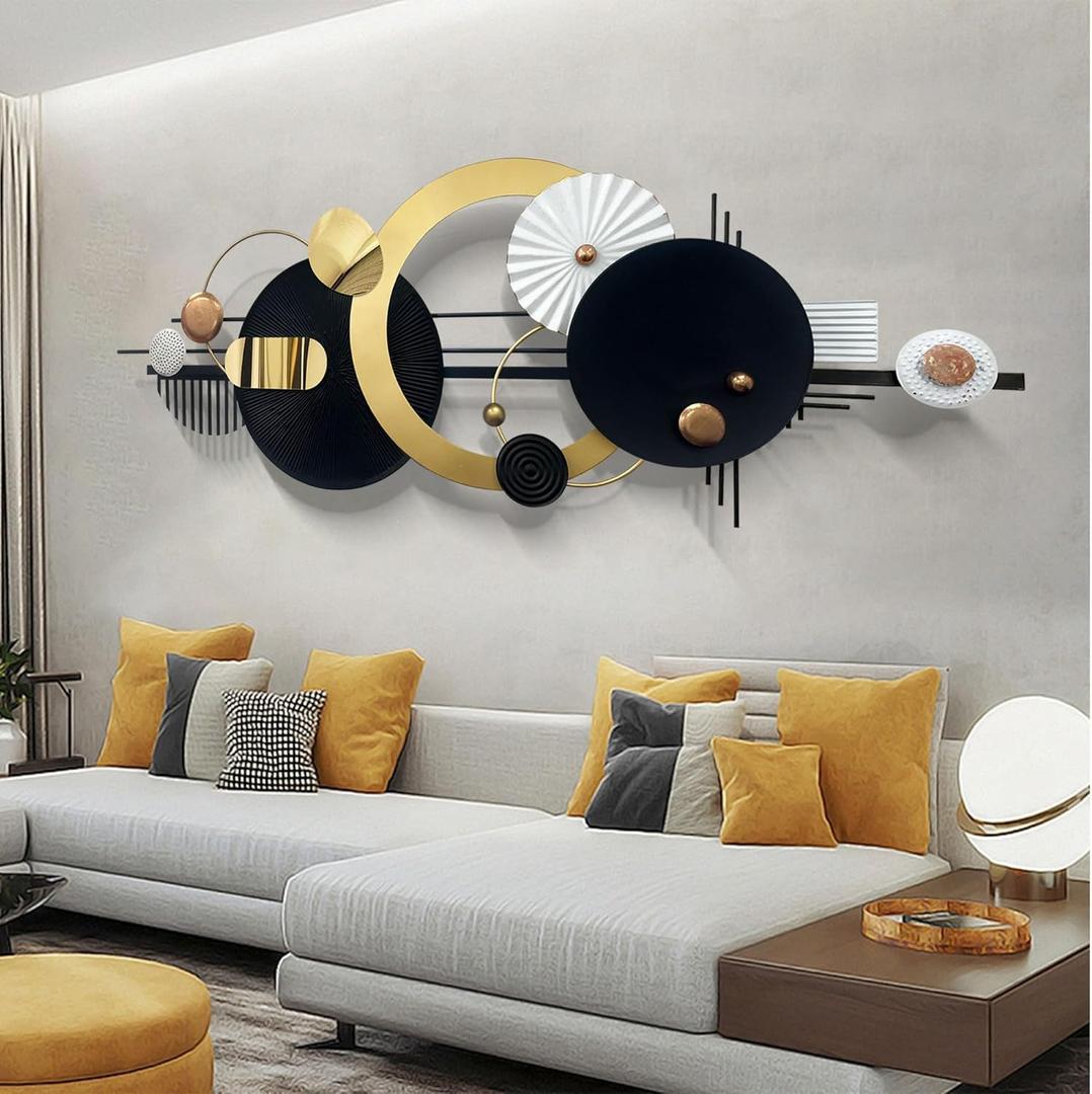 Large Modern Abstract Metal Wall Art, Black and Gold Geometric Circles Wall Decoration, Contemporary Home Decor, 59 x 24 inches Wall Art for Living Room/Dinning Room/Bedroom/Entryway/Kitchen/Office
