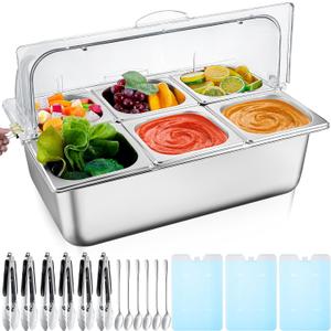 Tessco for you Ice Food Spice Serving Display Countertop Chilled Condiment Container Set with Lid, Stainless Steel Salad Caddy for Buffet Restaurant Kitchen Party(6 Compartments)