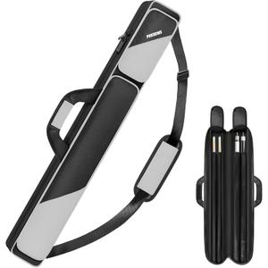 Pool Cue Case, Pool Stick Case 2x2 Holds 2 Sticks with 2 Accessory Zipper Pockets, Sturdy Polyester Pool Cue Carry Bag with Shoulder Strap Handle, Soft Billiard Cue Sling Bag for Men and Women (Deep Black/Grey)