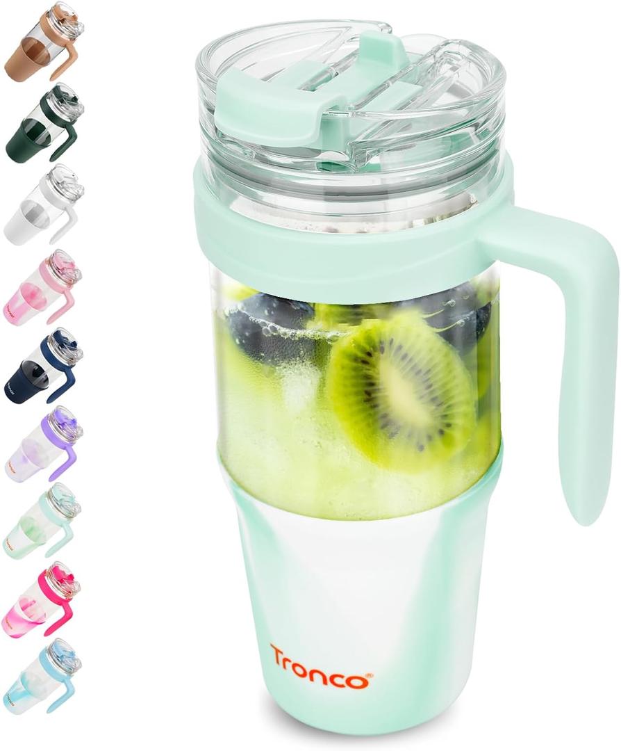 Tronco 40oz Glass Tumbler with Straw and Lid, Leakproof Flip Straw Glass Tumbler with Handle, Glass Water Bottles Fit in Cup Holder, BPA Free, Dishwasher Safe (Mixed Light Green)