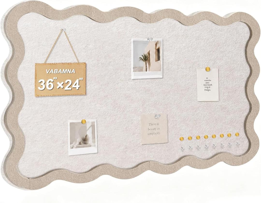 Scalloped Felt Bulletin Board, 36" x 24" Felt Cork Board Alternative for Wall, Foldable Picture Self-Adhesive Boards with Pins Hooks, Vision Boards for Photo Display School Home Office, Oatmeal