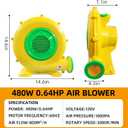 480W 0.64HP Air Blower, QILEBA Powerful Inflatable Bounce House Blower, Portable Electric Blower Fan Pump Perfect for Inflatable Bounce House, Bouncy Castle, Jumper, Water Slid, Blower Corded (480W)