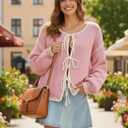 kipfall Womens Bow Tie Front Cardigan Sweaters Long Puff Sleeve Cute Print Jacket Coats 2026 Trendy Fall Winter Outfits (XL)