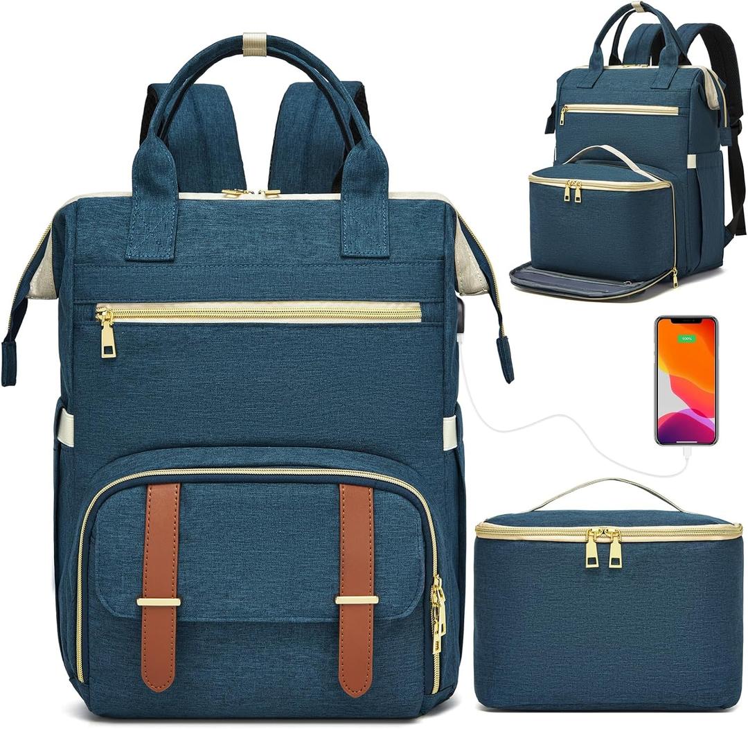 Lunch Backpack, 15.6 Inch Laptop Backpack with USB Port, Stylish Nurse, Teacher and Work Bag with Insulated Cooler Lunch Box for Women, Blue, Medium