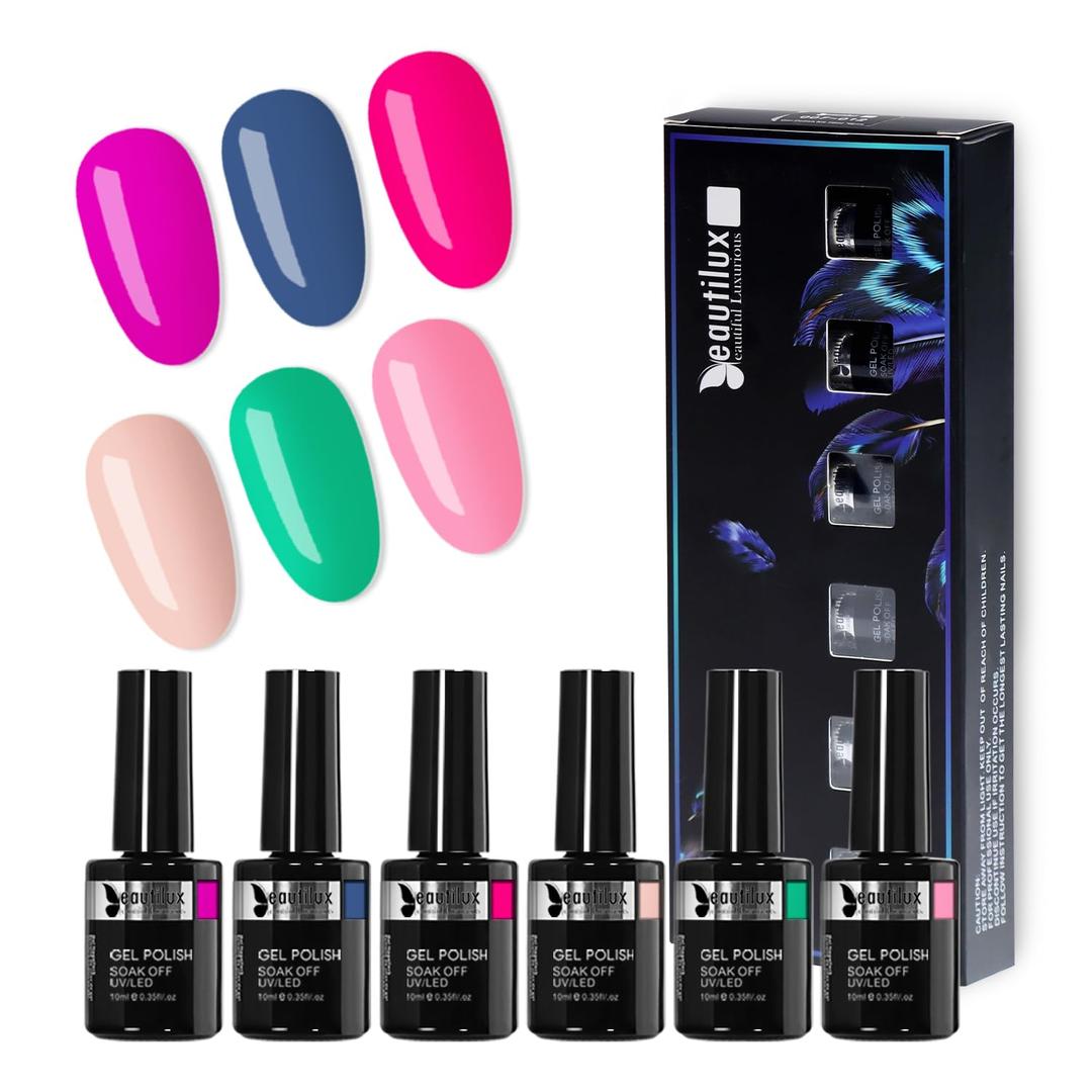beautilux Gel Nail Polish, 6 Colors 10ml Gel Polish, Soak Off Pastel Nail Gel Nail Art Starter Manicure Salon (MT-02)