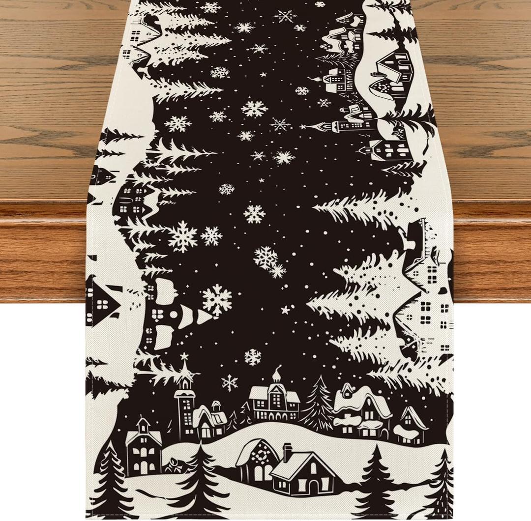 Artoid Mode Igloo Pine Snowflake Silhouette Christmas Table Runner, Black Seasonal Winter Kitchen Dining Table Decor for Home Party 13x108 Inch