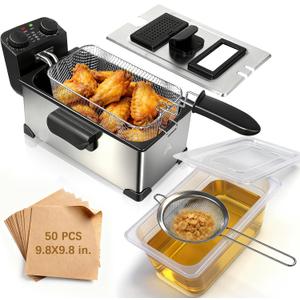 Deep Fryer with Basket, 1600W, 3L Small Deep Fryer with Oil Filtration for Home Use, Fryer Pot with Timer & Temp Control, Viewing Window, Stainless Steel, Fine Mesh Strainer, Oil Storage Container