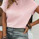 SHEWIN Womens Summer Tops Crewneck Short Sleeve T Shirts Casual Textured Work Shirt Loose Blouses (Pink, XXL)