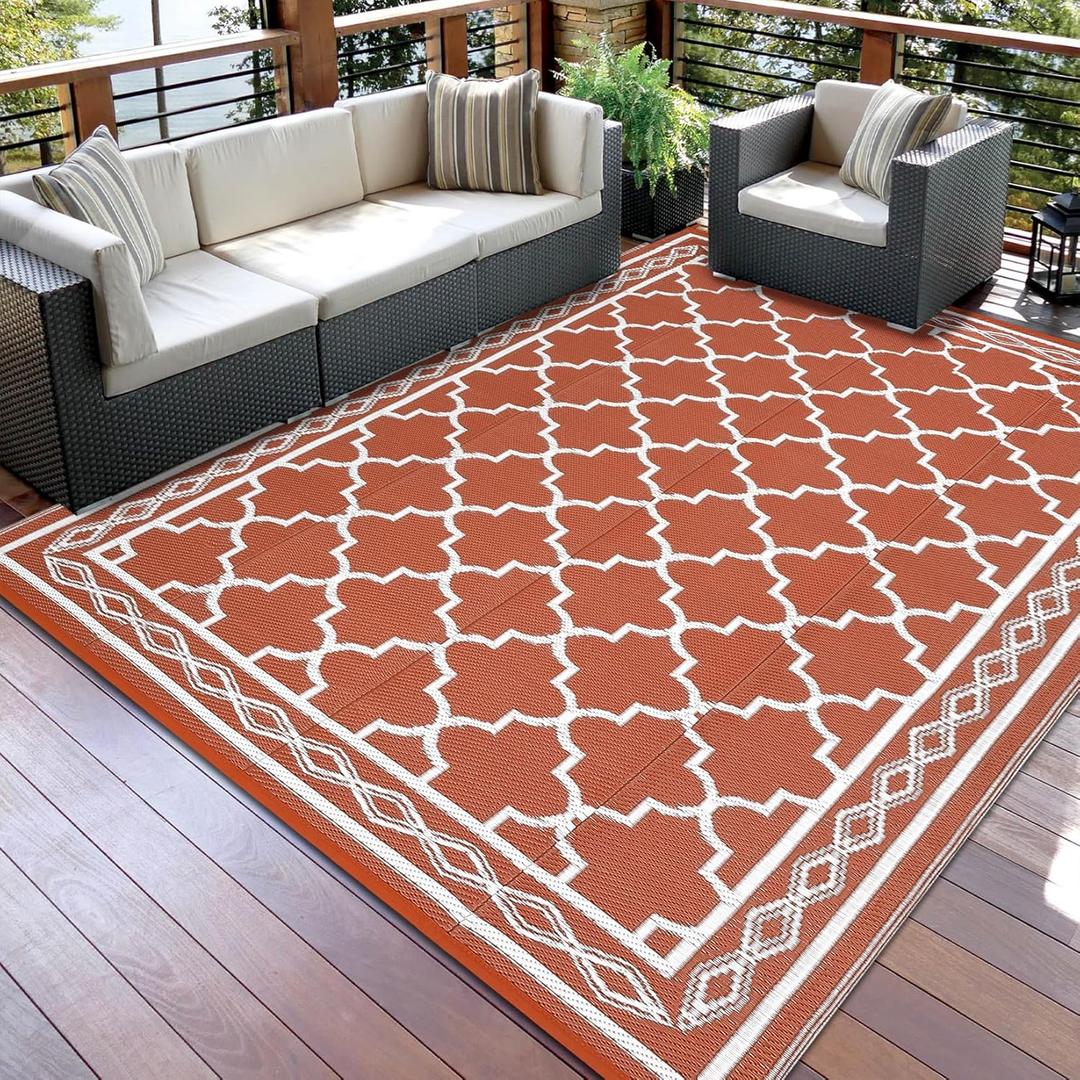 GarveeHome Outdoor Rug 8x10 Reversible Mats, Plastic Straw Rug, Large Floor Mat and Rug for Outdoors, Modern Area Rug, Patio, Backyard, Deck, Picnic, Beach, Trailer, Camping, Orange/White(Geometric)