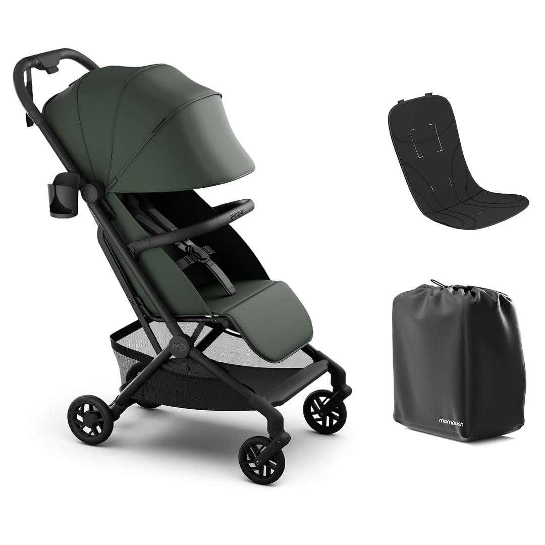 Mompush Velo Lightweight Travel Stroller, Compact & Airplane-Friendly for Baby and Toddler, Lie-Flat Seat, One-Hand Fold, with Leather Bumper Bar, Shoulder Strap, Raincover, Storage Bag & Cup Holder