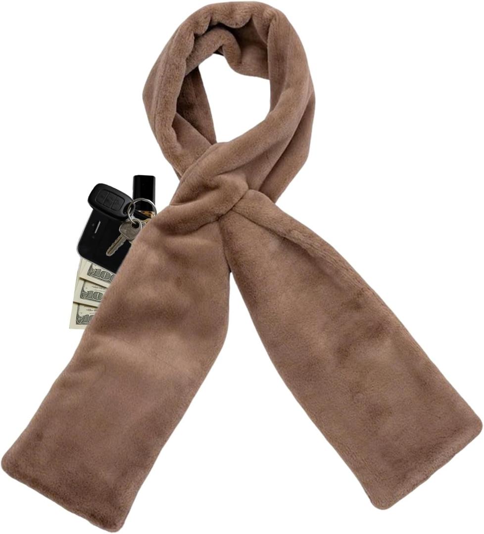 Faux Fur Scarf With Hidden Zipper Pocket, Soft Cozy Warm Pocket Scarf for Hands-Free Storage Phone