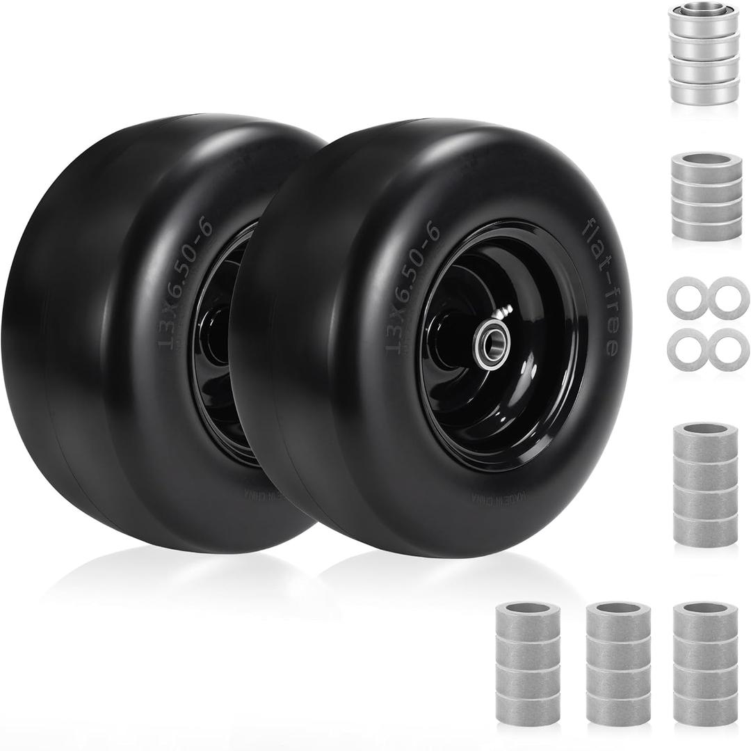 2PC 13x6.50-6 Flat Free Tire And Wheel, Universal 3/4" Bearings & Extra 5/8" Bearings, Lawn Mower Tires, 550Lbs Load Capacity, Front Tires For Zero Turn Mowers Adjustable Center Hub (4" to 8.2").