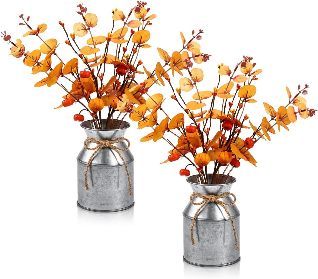 2 Set Thanksgiving Fall Table Centerpiece Decorations Artificial Orange Pumpkins Eucalyptus with Metal Vase Faux Pumpkins Plants in Pots for Autumn Harvest Party Home Dining Table Decor