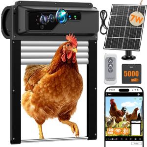 Automatic Chicken Coop Door with Timer and Remote Control, WiFi 1080P Camera Smart Roll-Up Auto Poultry Door, 7W Solar Powered 5000mAh Battery, App Control, Anti-Pinch Safety, Predator Alarm