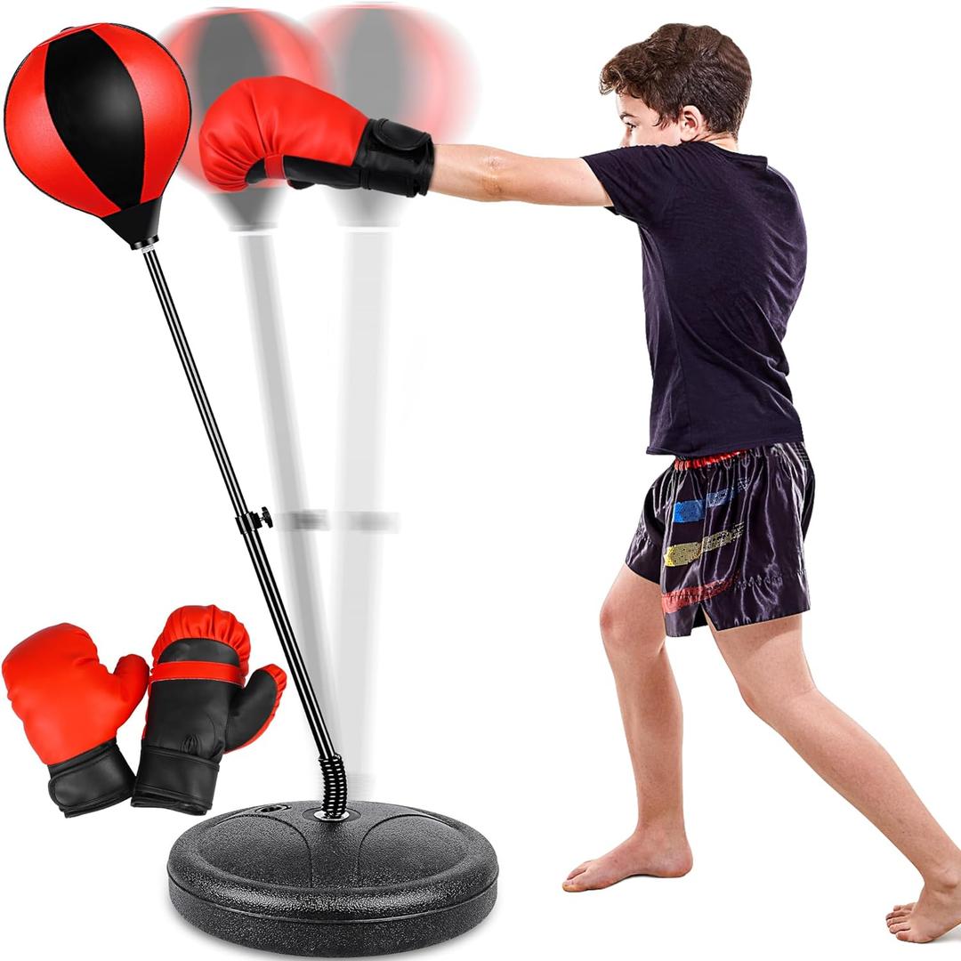 Punching Bag for Ages 3 4 5 6 7 8+ Years Old Kids, Boxing Bag Set Toy with Boxing Gloves, Height Adjustable Punching Bag, Sport Toy for Boys & Girls, Ideal Christmas Birthday Gift for Kids (Red)