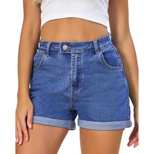 VIPONES Denim Shorts Women Stretchy High Waisted Fold Hem Jean Shorts 3.5 Inch Inseam Casual Summer Hot Shorts (Blue, L)