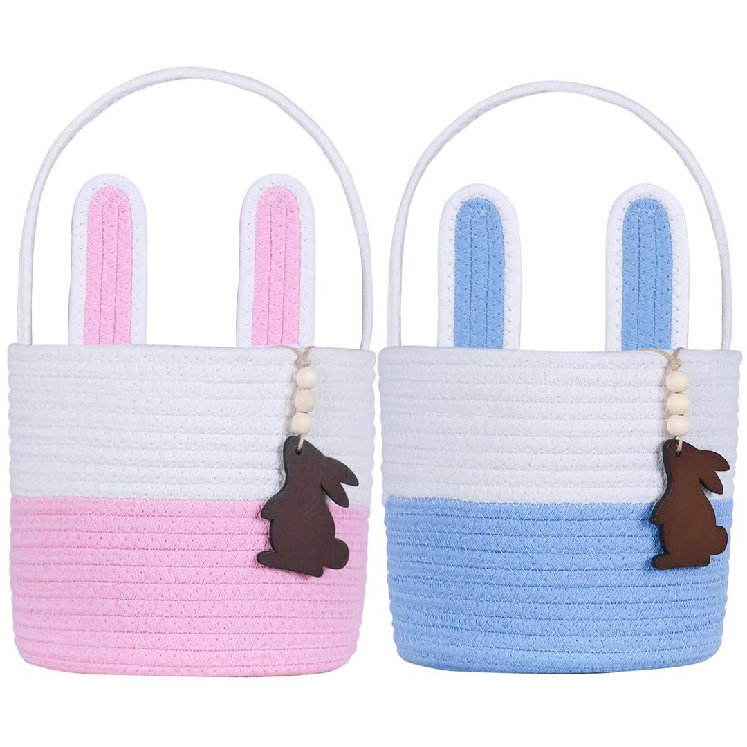 Easter Basket Empty 2 PCS Bunny Woven Rope Easter Baskets for Kids Easter Hunt Baskets with Handle Bags Easter Gifts for Kids Toddlers Girls Boys Teens Set of 2 Blue and Pink