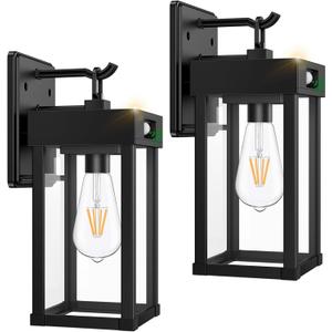 2 Pack Outdoor Solar Wall Light Fixtures With Dusk To Dawn Sensor,Large Size Black Outdoor Wall Lights with 3Lighting Modes,Exterior Waterproof Solar Wall Sconce Light for Outside,Garage(Black-2P)