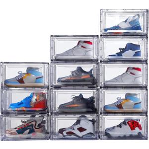 12 Pack Acrylic Clear Shoe Boxes Ultra Clear Plastic Stackable Sneaker Storage For Sneakerhead. Professional Grade Shoe Display Case with Magnetic Door .Boots and Hat Organizer.Fits US Size 15 (Black)