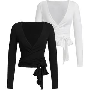 SweatyRocks Women's Pilates Outfits Wrap Tops Ballet Yoga Coquette Shirt Cute Long Sleeve Workout Activewear (Black and White) XS