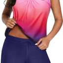 Aqua Eve Two Piece Women's Tankini Swimsuits Blouson Swim Tank Top with Shorts Modest Bathing Suits Pink Gradient L