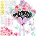 35 Pcs Graduation Cap Decorations Kits DIY Pink Faux Flower Heads 3D Butterfly Bow Ornament Adhesive Rhinestones Glitter Alphabet Letter Number Sticker for Grad Cap Topper Graduation Party DIY Crafts